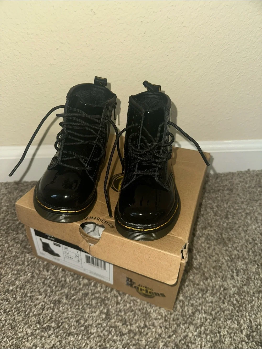 Dr. Martens Kids Black Patent Lace-Up Boots with Yellow Stitching